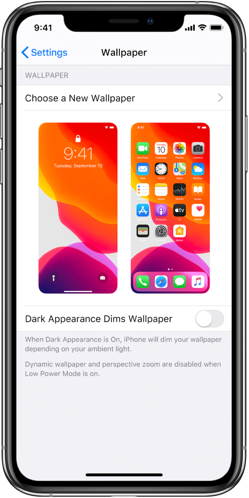 Ekrāntapetes iestatījumu ekrāns, kura augšdaļā ir poga jaunas ekrāntapetes izvēlei un (pašreizējai ekrāntapetei atbilstošā) bloķētā ekrāna un sākuma ekrāna attēli.