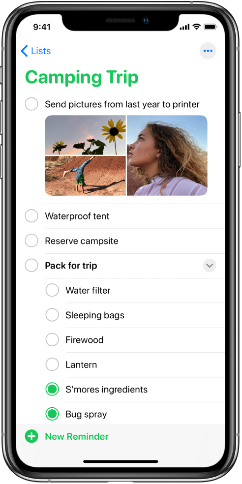 Ekrāns Reminders, kurā redzams atgādinājumu saraksts. Apakšējā kreisajā stūrī ir poga Add.