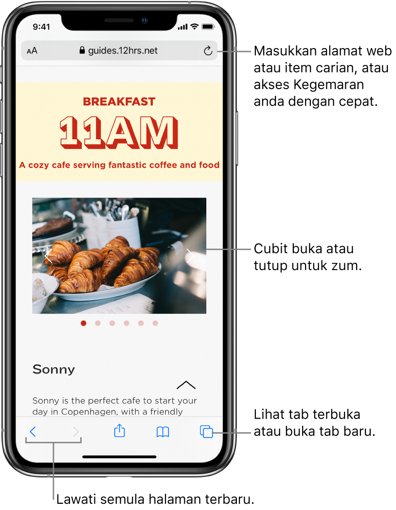 Tapak web dibuka dalam tetingkap Safari, dengan medan alamat di bahagian atas. Di bahagian bawah, dari kiri ke kanan, ialah butang Balik, Maju, Kongsi, Penanda Buku dan Halaman.