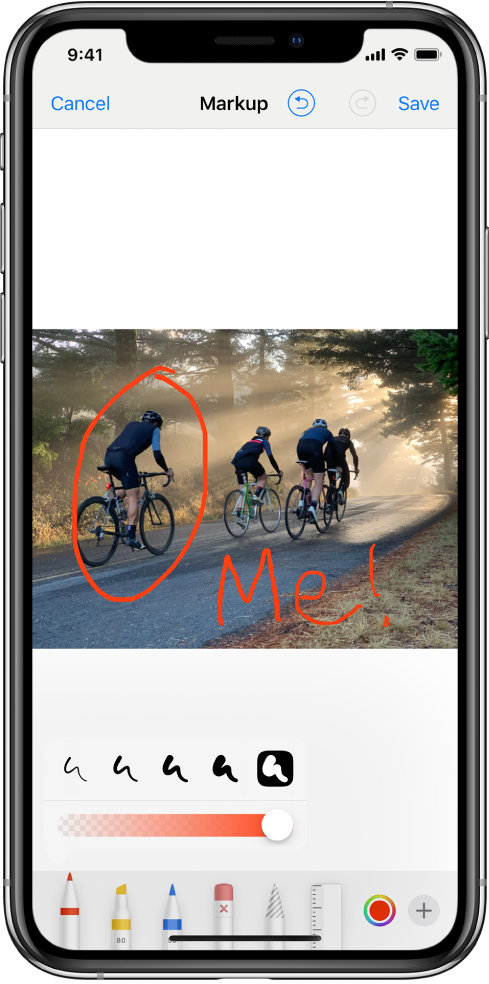 စာပြင်ဖန်သားပြင်အတွင်းရှိ ဓာတ်ပုံတစ်ပုံ။ ဓာတ်ပုံသည် ဖန်သားပြင်၏အလယ်တွင်ရှိသည်။ ဓာတ်ပုံအောက်တွင် အောက်ပါပုံပြင်ကိရိယာများရှိသည် -ပင်န်၊ ခဲတံ၊ မာကာ၊ ခဲဖျက်၊ လာဆို၊ အရောင်ရွေး၊ နှင့်အခြားရွေးချယ်စရာခလုတ်များ။ Cancel ခလုတ်သည် ဖန်သားပြင်၏ဘယ်ဘက်ထိပ်တွင်ရှိပြီး Save ခလုတ်သည် ညာဘက်ထိပ်တွင်ရှိသည်။