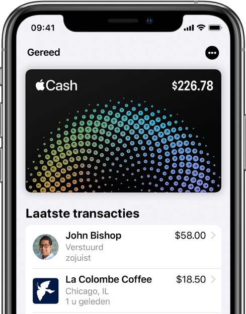 De Apple Cash-kaart in Wallet met rechtsboven de knop 'Meer' en onder de kaart de laatste transactie.