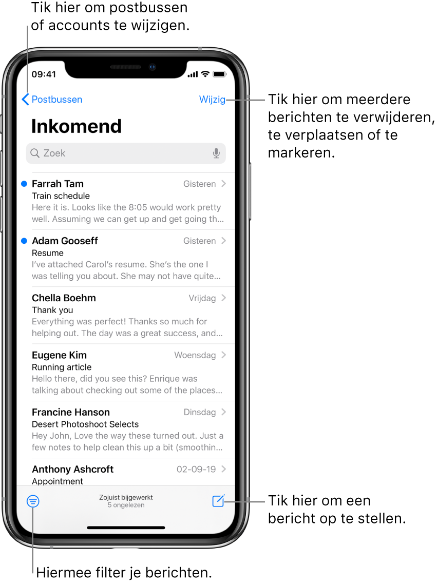 De postbus 'Inkomend' met een lijst met e-mails. Linksbovenin zie je de postbusknop waarmee je naar een andere postbus kunt gaan. Rechtsbovenin bevindt zich de wijzigknop voor het verwijderen, verplaatsen of markeren van e-mail. Linksonderin zie je de filterknop, waarmee je kunt instellen dat alleen bepaalde e-mails worden weergegeven. Rechtsonderin staat de knop voor het opstellen van een nieuwe e-mail.