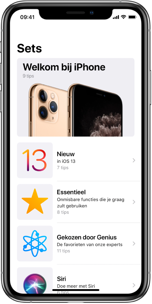 Een scherm met verzamelingen Tips met pijltjes naar rechts om aan te geven dat je op een verzameling kunt tikken om de tips daarin te bekijken.