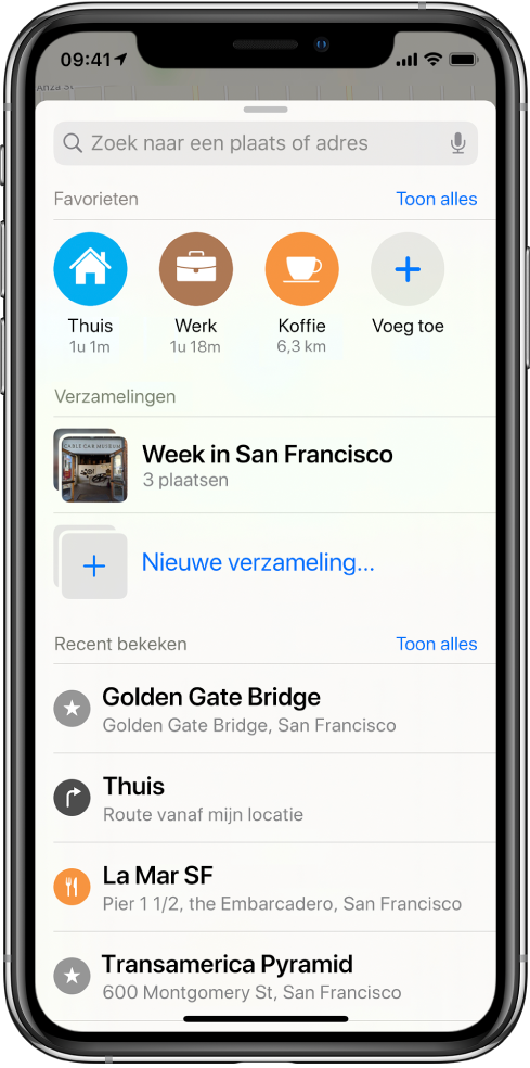 De zoekkaart vult het scherm. Het gedeelte voor 'Verzamelingen' wordt onder het zoekveld en de favorietenrij weergegeven. In de lijst 'Verzamelingen' zie je een verzameling met de titel "Week in San Francisco" en een optie voor het maken van een nieuwe verzameling.