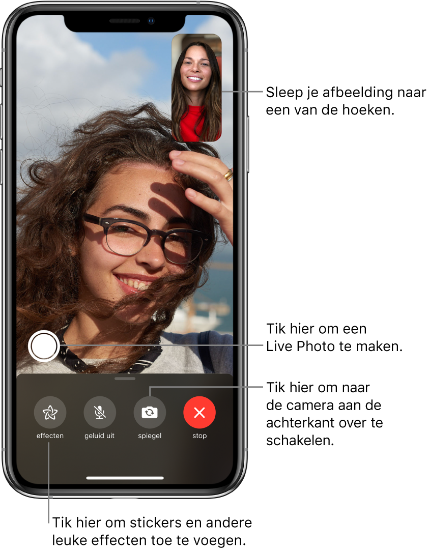 Het FaceTime-scherm met daarin een gesprek dat aan de gang is. Het beeld van jezelf wordt weergegeven in een kleine rechthoek rechtsbovenin, terwijl het beeld van je gesprekspartner de rest van het scherm vult. Onder in het scherm zie je de knoppen voor effecten, geluid uit, andere camera en het stoppen van het gesprek. Daarboven zie je de knop voor het maken van een Live Photo.
