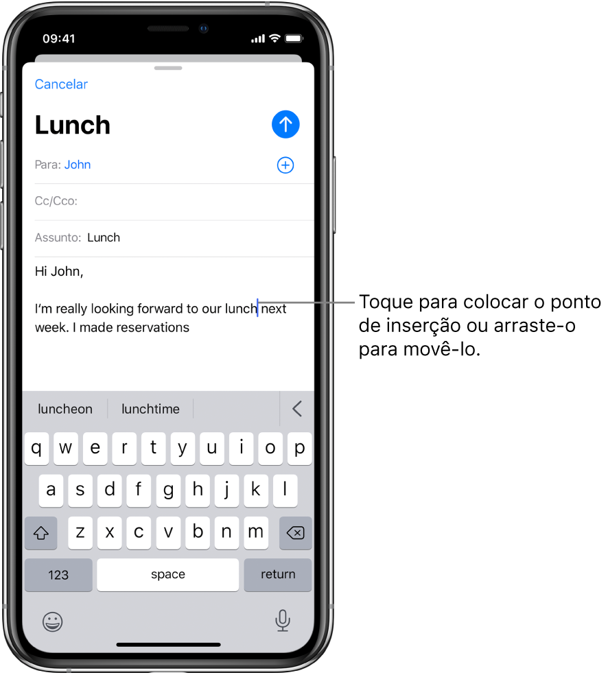 Um rascunho de e‑mail mostrando o ponto de inserção posicionado onde o texto será inserido.