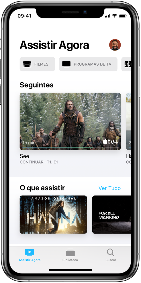 A tela Assistir Agora mostrando botões para Filmes, Programas de TV e Esportes na linha superior. A seção Seguintes está no centro, acima da linha O que Assistir. Na parte inferior, da esquerda para a direita, encontram-se as abas Assistir Agora, Biblioteca e Buscar.