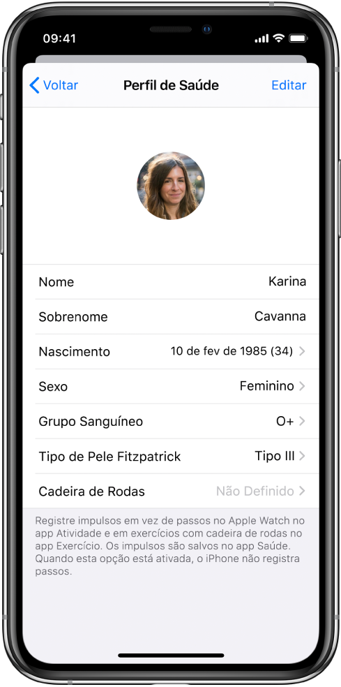 A tela de “Perfil de Saúde” de uma mulher de 34 anos com sangue tipo O+.