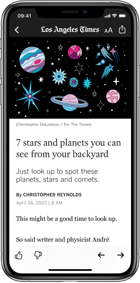 Tela mostrando um artigo de notícia. Na parte superior estão os botões Back, Resize Text e Share. O nome do canal também aparece na parte superior. Uma imagem grande e o título aparecem abaixo dos botões. Na parte inferior da tela, os botões Suggest More, Suggest Less, Previous e Next.