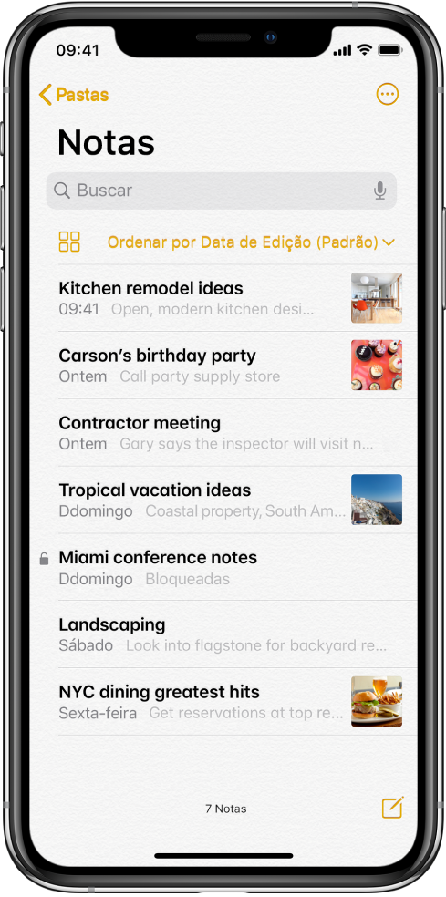 A lista de notas com o campo de busca no topo.