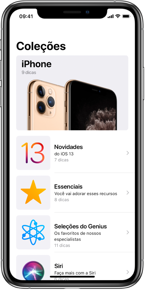 Uma tela mostrando coleções de Dicas, com setas voltadas para a direita indicando que você pode tocar em uma coleção para visualizar as dicas nela.
