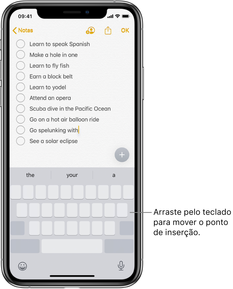 Nota sendo editada depois de transformar o teclado em um trackpad. O teclado está escurecido para mostrar que agora ele funciona como um trackpad.