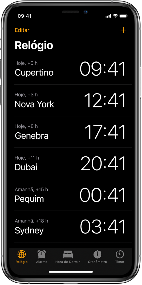 A aba Relógio, mostrando a hora em várias cidades. Toque em Editar na parte superior esquerda para ordenar os relógios. Toque no botão Adicionar na parte superior direita para adicionar outros relógios. Os botões Alarme, Hora de Dormir, Cronômetro e Timer ao longo da parte inferior.
