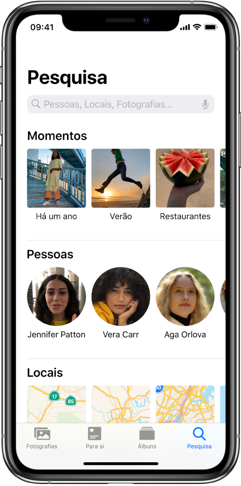 O separador Pesquisa preenchido com sugestões para Momentos, Pessoas e Locais. Na parte superior está o campo de pesquisa.