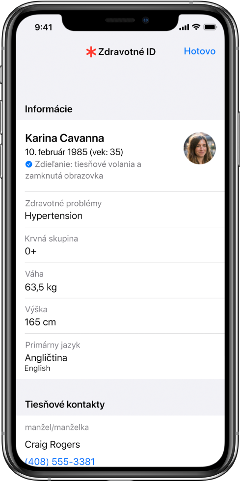 Obrazovka Zdravotné ID, ktorá obsahuje rôzne informácie, ako je napríklad dátum narodenia, zdravotný stav, lieky a tiesňový kontakt.