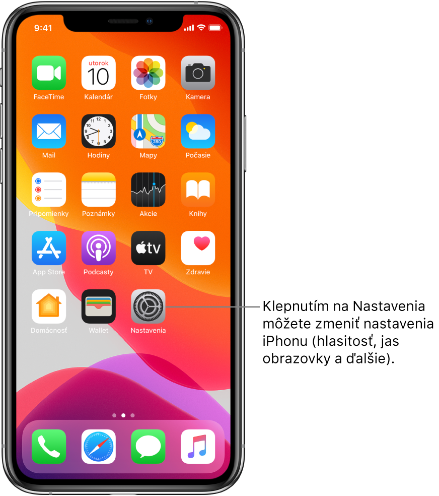 Plocha s niekoľkými ikonami vrátane ikony apky Nastavenia, po klepnutí na ktorú môžete upraviť hlasitosť, jas obrazovky a ďalšie nastavenia iPhonu.