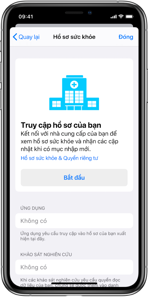 Màn hình Bắt đầu để thiết lập bản tải về hồ sơ sức khỏe.