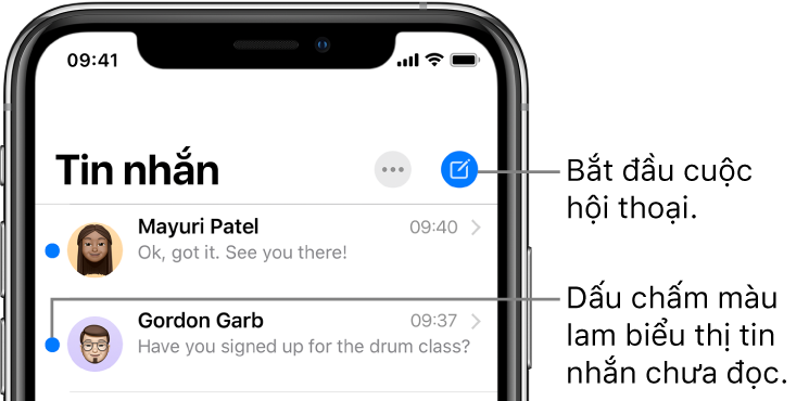 Danh sách Tin nhắn, với nút Sửa ở trên cùng bên trái và nút Soạn ở trên cùng bên phải. Một dấu chấm màu lam ở bên trái của tin nhắn cho biết rằng tin nhắn chưa được đọc.