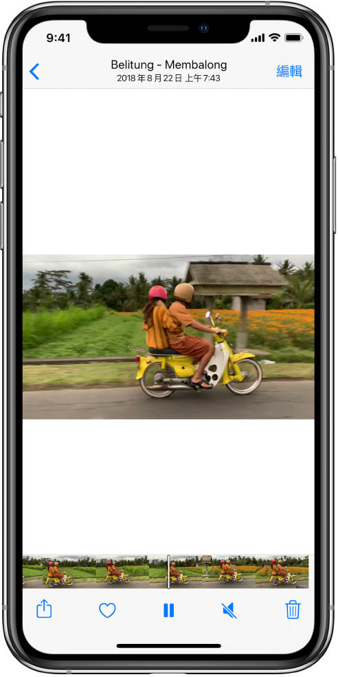 影片播放器位於螢幕中央。螢幕底部的影格檢視器由左至右顯示影格。影格檢視器的下方,由左至右分別為「分享」、「喜好項目」、「暫停」、「靜音」和「刪除」按鈕。