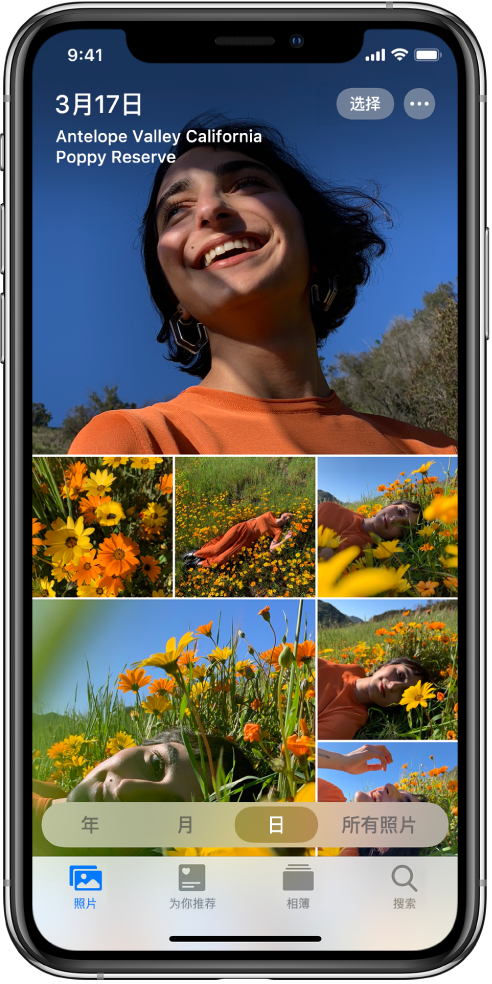 以日视图显示的照片图库。所选照片缩略图填满屏幕。屏幕左上方是照片的拍摄日期和拍摄地点。右上方是“选择”和“更多选项”按钮;轻点“选择”以共享照片,轻点“更多选项”以查看照片详细信息。缩略图下方是按“年”、“月”、“日”以及“所有照片”来查看照片图库的选项。底部依次是“照片”、“为你推荐”、“相簿”和“搜索”标签。