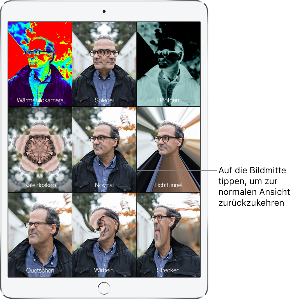 Die App „Photo Booth“ mit neun Ansichten des Gesichts eines Mannes in separaten Kacheln und mit verschiedenen Effekten. In der obersten Reihe sind von links nach rechts folgende Effekte zu sehen: Wärmebildkamera, Spiele und Röntgen. In der mittleren Reihe sind von links nach rechts folgende Effekte zu sehen: Kaleidoskop, Normal und Lichttunnel. In der untersten Reihe von links nach rechts sind folgende Effekte zu sehen: Quetschen, Wirbeln und Strecken.