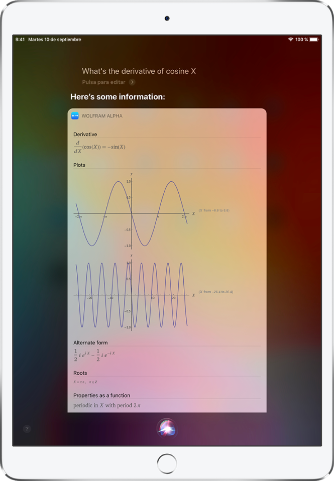 Una respuesta a la pregunta “¿Cuál es la derivada del coseno de x?” La pantalla muestra, de arriba abajo, una ecuación, dos gráficas e información adicional.