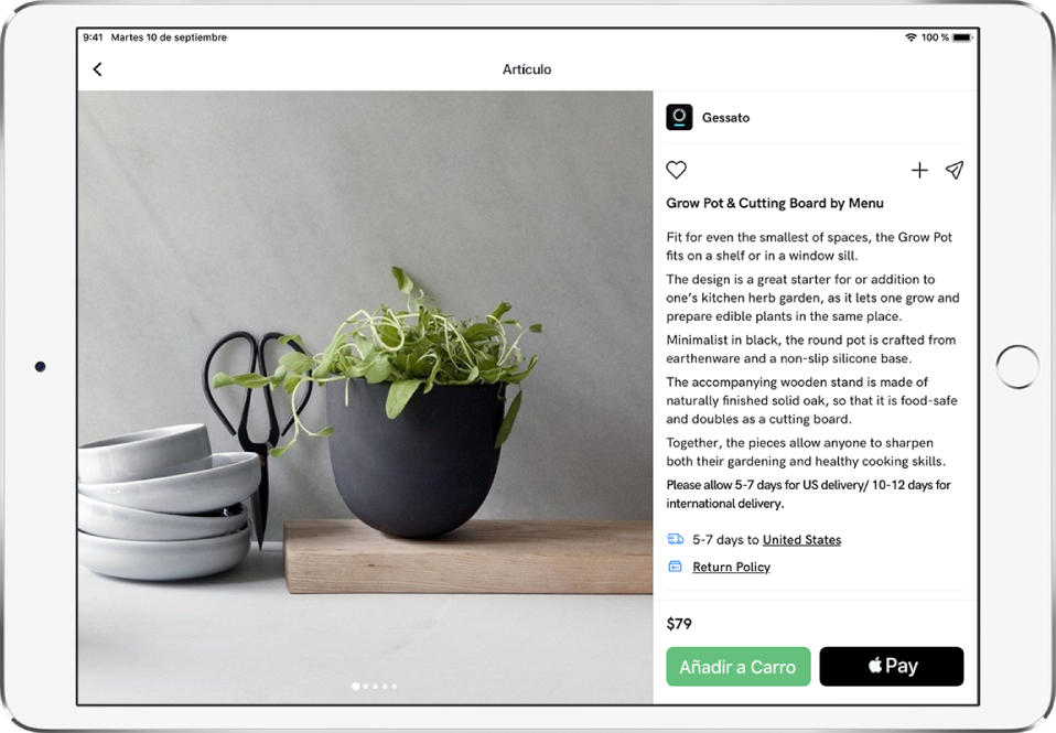 Una app con una página de un producto en la que se muestra el botón “Comprar con Apple Pay”.