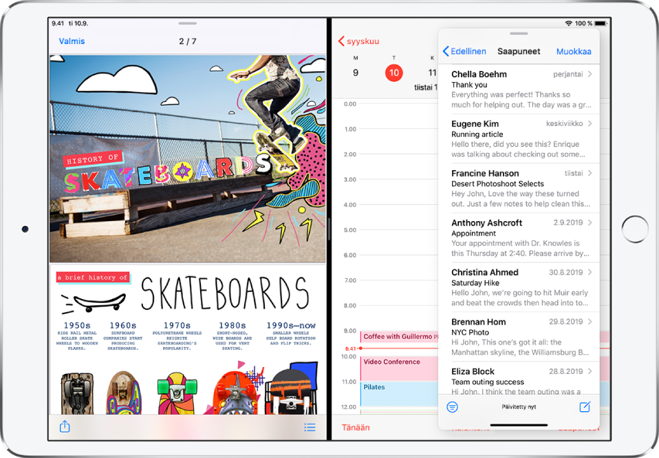 Grafiikka-appi on auki näytön vasemmalla puolella, Kalenteri on auki oikealla, ja Mail on auki Slide Over ‑ikkunassa, joka peittää osan Kalenterista.