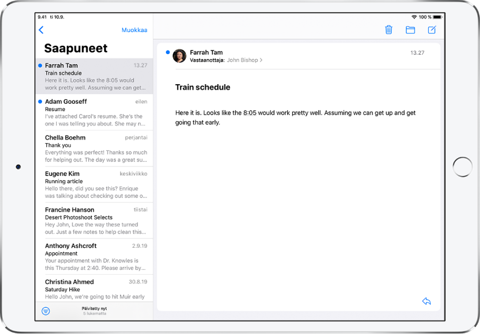 Sähköpostin esikatselu Saapuneissa näyttää lähettäjän nimen, sähköpostin lähetyspäivän, aiheen ja sähköpostin kaksi ensimmäistä riviä.
