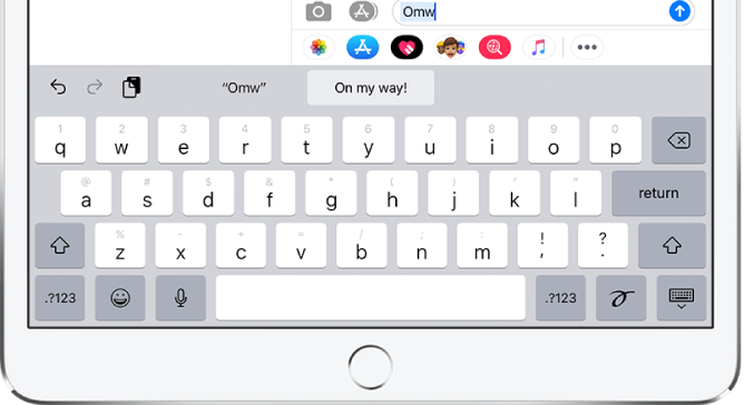 Un message avec le texte de raccourci « bjr » saisi dans le champ de texte et la suggestion de texte de remplacement « bonjour » en dessous.