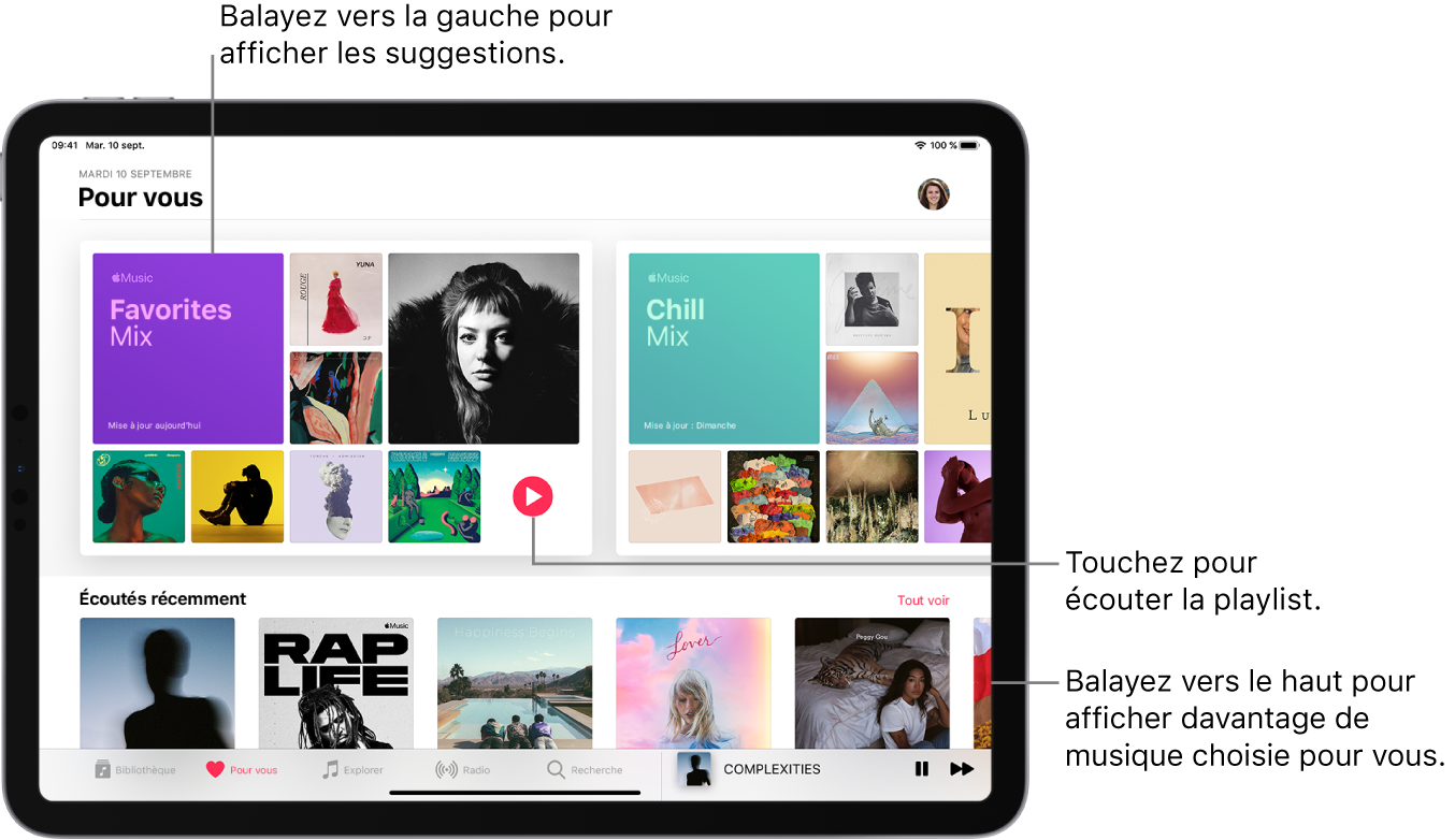 L’écran « Pour vous » affichant les playlists « Mix préféré » et « Mix chill » en haut. Le bouton Lecture est affiché en bas à droite de la playlist « Mix préféré ». En dessous se trouve la section « Écoutés récemment », montrant cinq albums.
