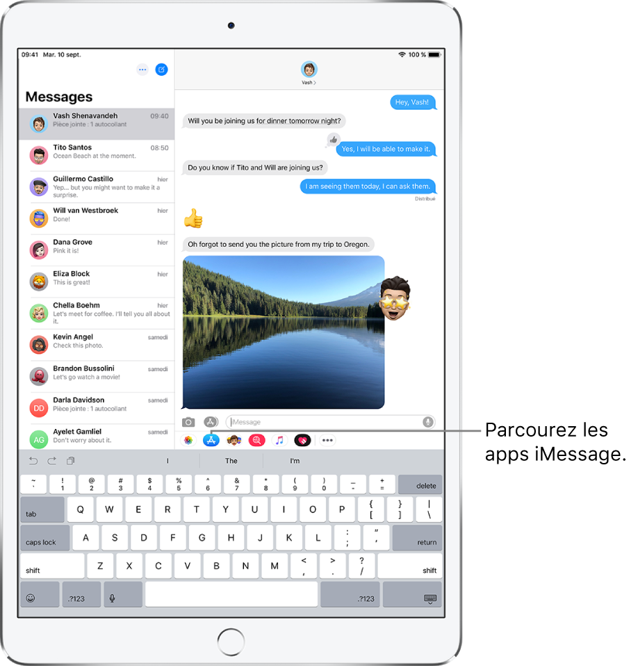 Une fenêtre Messages, avec le bouton Navigateur d’apps sélectionné. Le tiroir d’apps ouvert affiche des autocollants d’émoticônes.