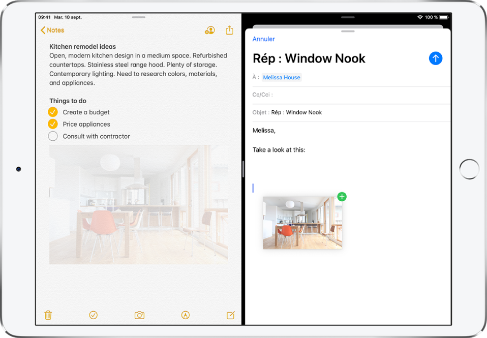 Une présentation Split View avec Notes ouvert à gauche et un e-mail ouvert à droite. Une photo de Notes est glissée dans l’e-mail.
