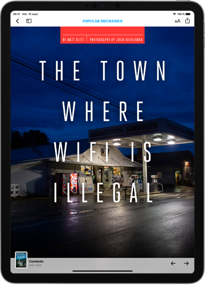 Un écran affichant un article de magazine. En haut à gauche se trouvent les boutons Previous et Sidebar. Le nom de la publication est affiché en haut, au centre. Un titre et une image sont présentés sous les boutons. En bas à gauche de l’écran se trouve le bouton Contents (représenté par une vignette de la couverture du magazine) et en bas à droite se trouvent les boutons Previous et Next.