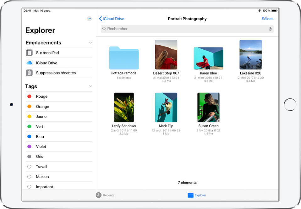 L’app Fichiers avec la barre latérale Explorer sur la gauche et les dossiers de l’emplacement iCloud Drive sur la droite.