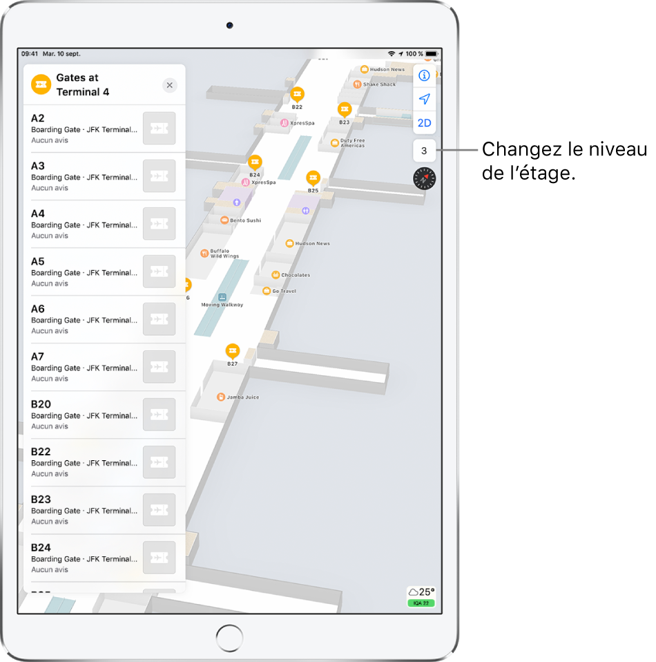 Le plan intérieur d’un terminal aéroportuaire. Le plan affiche les boutiques et les portes d’embarquement. Sur la gauche de l’écran, une fiche identifie des portes dans le terminal 4.