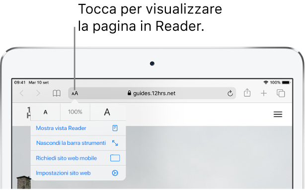 La barra degli strumenti di Safari, con il pulsante Reader a sinistra del campo Indirizzo.