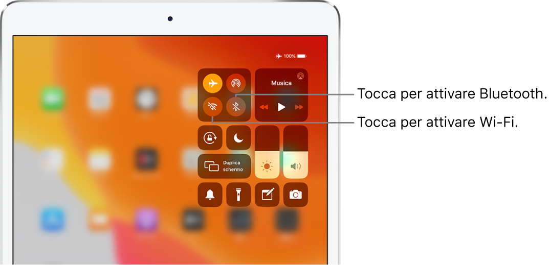 Centro di Controllo con la modalità di uso in aereo attivata, con didascalie che spiegano che toccando il pulsante in basso a sinistra nel gruppo di controlli in alto a sinistra si attiva il Wi-Fi e toccando il pulsante in basso a destra del gruppo si attiva il Bluetooth.