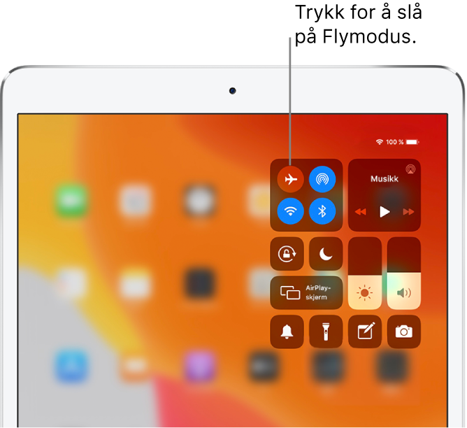Kontrollsenter-skjermen som viser at et trykk på knappen øverst til venstre slår på Flymodus.