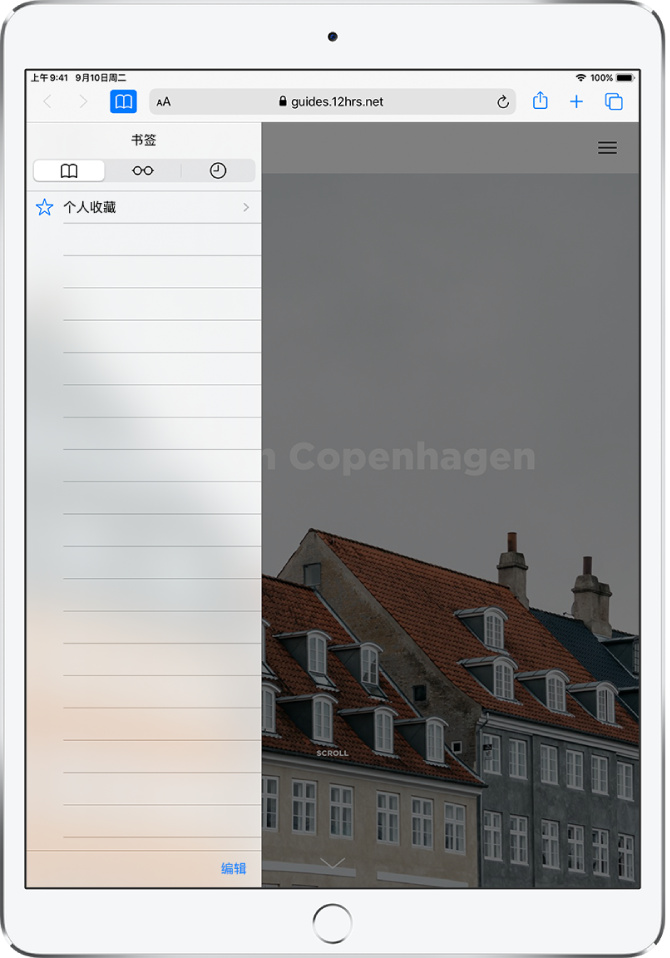 “书签”边栏,带有用于查看个人收藏、浏览历史记录以及书签的选项。