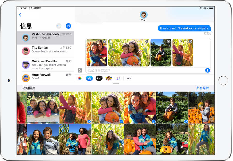 “信息”窗口,其中“照片”iMessage 信息 App 叠加在信息顶部。叠层顶部是用于浏览照片的按钮。