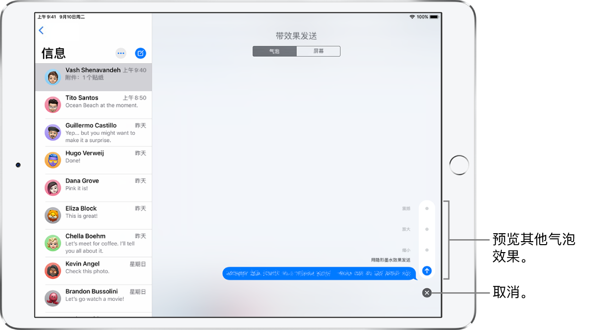 预览带隐形墨水效果的信息。在右下方,轻点控制以预览其他气泡效果。再次轻点同一控制以发送,或者轻点下方的“取消”按钮以返回到您的信息。