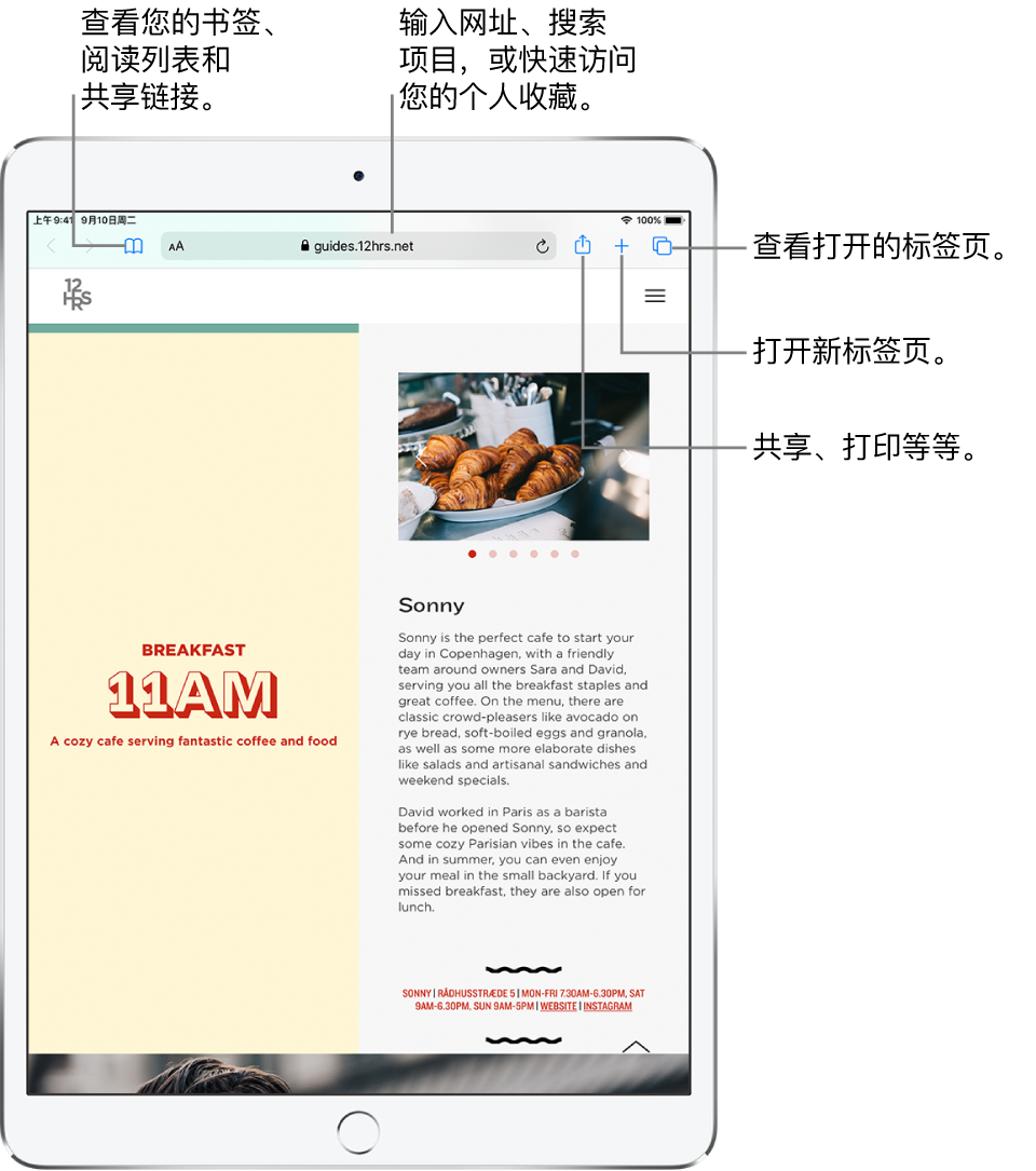 Safari 浏览器中打开的一个网页,顶部的控制,从左到右依次是:“返回”、“向前”和“书签”按钮,地址栏,“共享”、“新建标签页”和“页面”按钮。