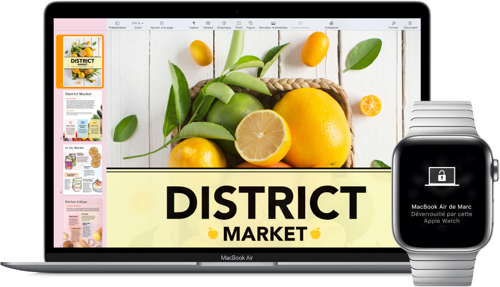 Un MacBook Air, à côté d’une Apple Watch affichant un message qui indique que le Mac a été déverrouillé par la montre.