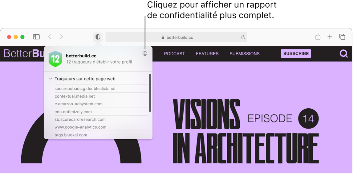 La fenêtre de Safari présentant des préférences de site web, notamment « Utiliser le lecteur lorsqu’il est disponible », « Activer les bloqueurs de contenu », « Zoom de la page », « Lecture automatique », et Pop-up.