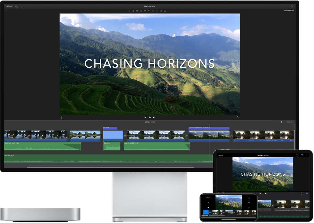 Rovnaký obsah zobrazený na Macu mini, iPade a iPhone.