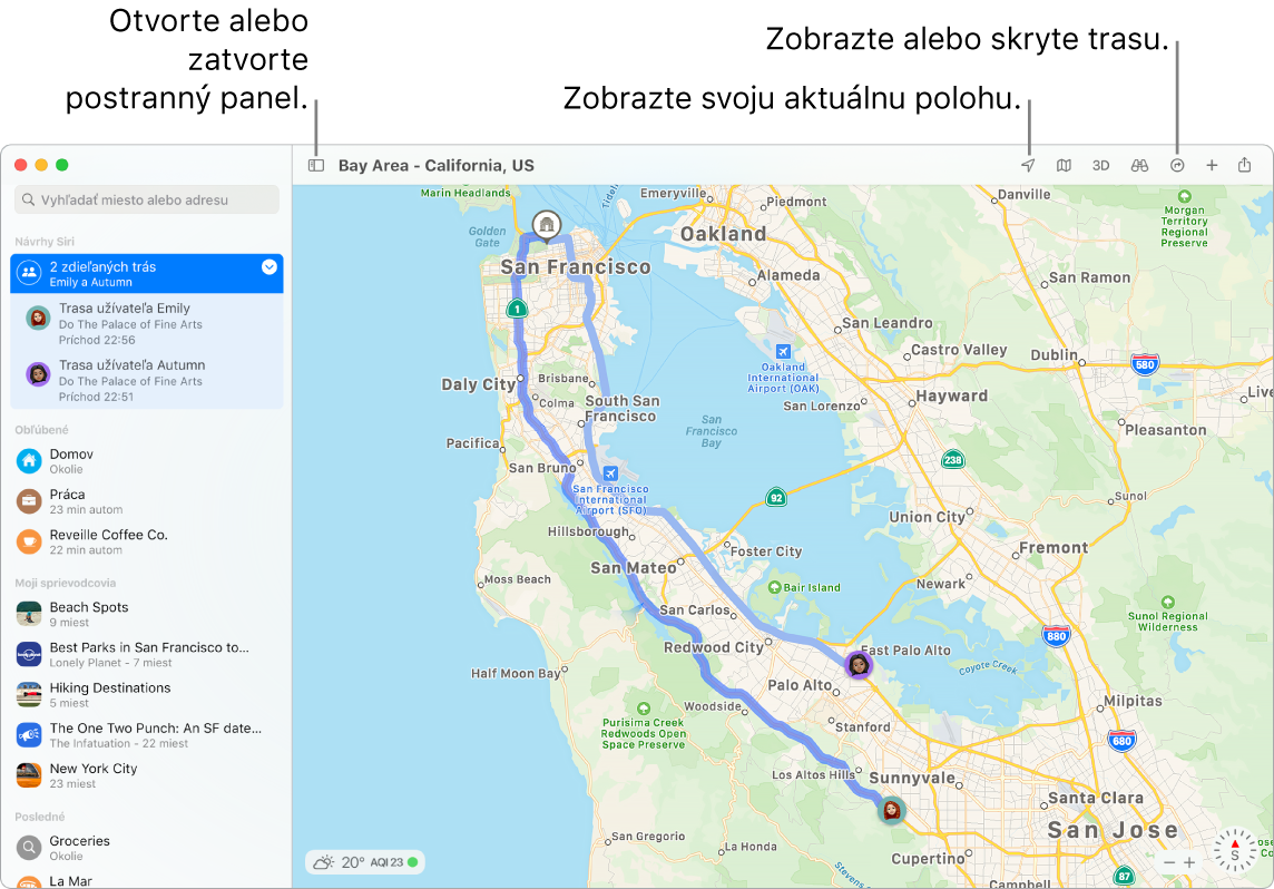 Okno apky Mapy s postupom, ako zobraziť trasy kliknutím na destináciu v postrannom paneli, ako otvoriť alebo zavrieť postranný panel a ako nájsť vašu aktuálnu polohu na mape.