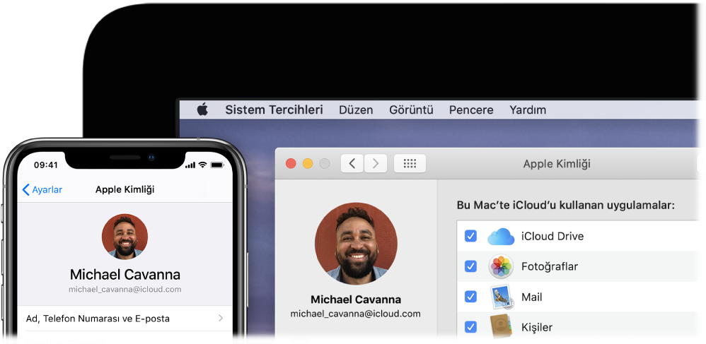 iCloud ayarlarını gösteren bir iPhone ile iCloud penceresini gösteren bir Mac ekranı.