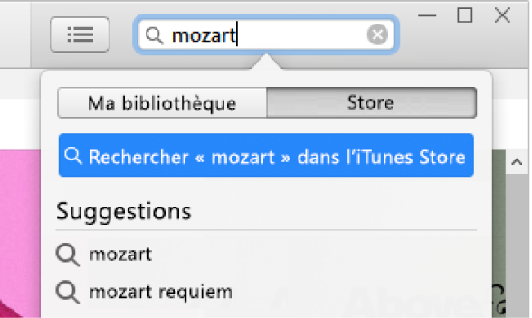 Le champ de recherche avec la requête « Mozart » saisie. Dans le menu local des résultats de recherche, Store est sélectionné.