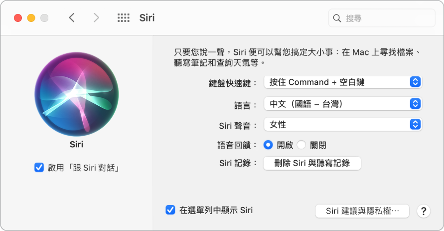 Siri 偏好設定視窗,左側已選擇「啟用跟 Siri 對話」;而右側則是自訂 Siri 的數個選項。